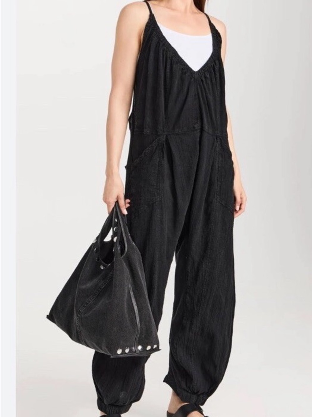 Free People Dream Free Black Harem Wide-Leg Jumpsuit Romper with Pockets Beachy!